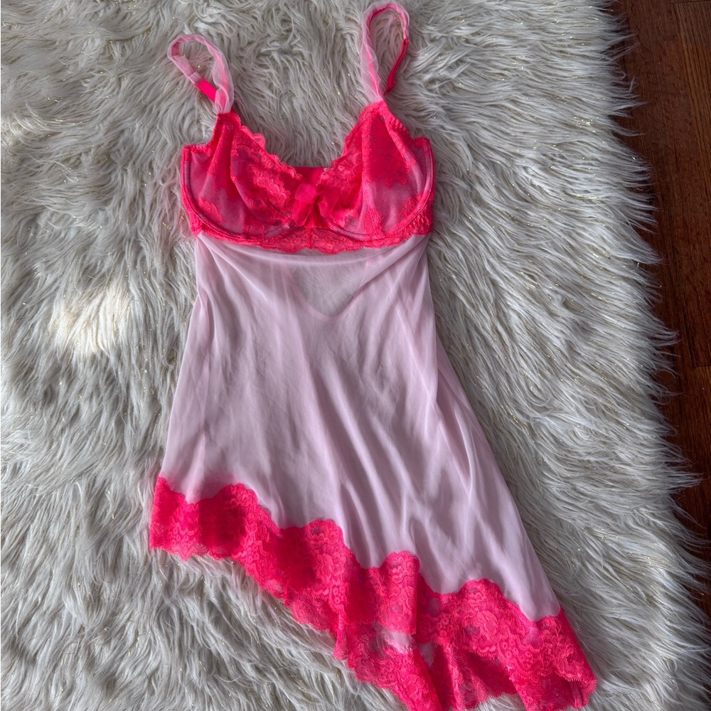 Victoria's Secret Hot Pink Lace Trim Chemise